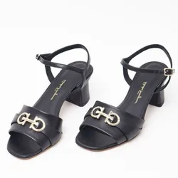 Dép Cao Gót Nữ Salvatore Ferragamo Double Gancini 55 Sandal Heels Black Màu Đen Size 5.5