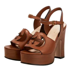 Giày Cao Gót Nữ Gucci Tan Interlocking G Sandals Màu Nâu Size 38.5