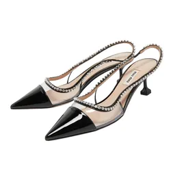 Giày Cao Gót Nữ Miu Miu Patent Leather And PVC Crystal Embellished Slingback Pumps 5I362D_3R04 Màu Đen Size 36