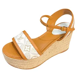 Giày Đế Xuồng Nữ Louis Vuitton LV Starboard Leather Canvas Monogram Wedge Sandals Brown Màu Nâu Trắng Size 38.5