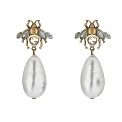 Khuyên Tai Nữ Gucci Aged Gold Finish Bee Embellished Earrings With Drop Pearl Màu Trắng