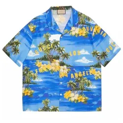 Áo Sơ Mi Nam Gucci Printed Hawaiian Poplin Los Angeles Palm Tree Bowling Shirt Màu Xanh - Vàng Size XS
