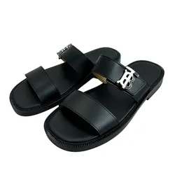 Dép Nam Burberry TB Logo Monogram Motif Leather Sandals Màu Đen Size 40