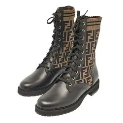 Giày Boot Nữ Fendi Black/Brown Fabric And Leather Rockoko Combat Màu Đen Nâu Size 36