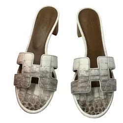 Dép Cao Gót Nữ Hermès Sandales Oasis En Crocodile Himalaya De Màu Trắng Nâu Size 37.5