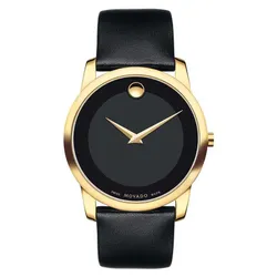 Đồng Hồ Nam Movado Men's Classic Analogue Quartz Watch With Black Leather 606876 Màu Đen - Vàng