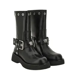 Giày Boot Nữ Versace Biker H.55 Calf Leather Eyelets 1015606 Màu Đen Size 35