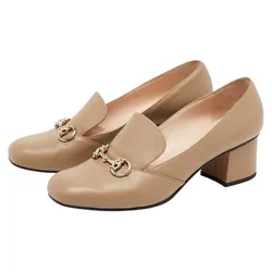 Giày Cao Gót Nữ Gucci Beige Leather Horsebit Block Heel Loafer Pumps Màu Be Size 34.5