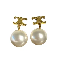 Khuyên Tai Nữ Celine Arc De Triomphe Logo Engraved Round Pearl Earrings Màu Trắng Vàng