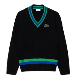Áo Len Unisex Lacoste Knitted Sweater With Striped Detail On The V-Neck Màu Đen Xanh