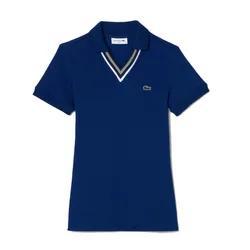 Áo Polo Nữ Lacoste Slim Fit V-Neck Stretch Piqué PF0866-51 Màu Xanh Dương Size 34