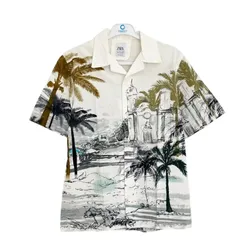 Áo Sơ Mi Cộc Tay Nam Zara Short Sleeved Shirt Màu Trắng Xanh Size M