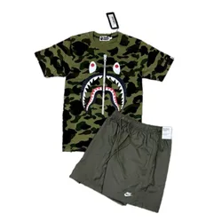 Bộ Quần Áo Cộc Tay Nam Nike Bape Shark Embroidery Style Màu Camo Xanh Size S (Form Á)