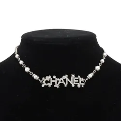 Dây Chuyền Nữ Chanel Logo F23P, GP x Rhinestone Màu Bạc