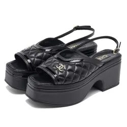 Dép Sandal Nữ Chanel Black Quilted Leather And Patent Leather CC Platform Slingback Màu Đen Size 38