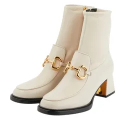 Giày Boot Nữ Gucci Women's Real Leather Metal Decor Side Zip Round Toe Block Heels Mid Calf Boot Màu Trắng Size 36