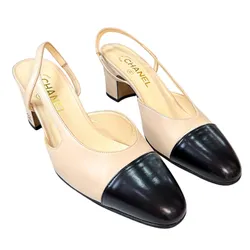 Giày Cao Gót Nữ Chanel Leather CC Slingback Sandals Black/ Beige Màu Be Đen Size 37.5