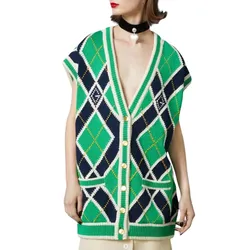 Áo Cardigan Nữ Gucci G Rhombus Sleeveless Cardigan Vest In Green Màu Xanh Lá Size S