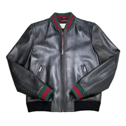 Áo Khoác Nam Gucci Black Bomber Leather Jacket SP148518 Màu Đen Size 50