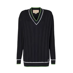 Áo Len Nữ Gucci Brand-Embroidered V-Neck Relaxed-Fit Wool-Blend Knitted Top Màu Xanh Đen Size S
