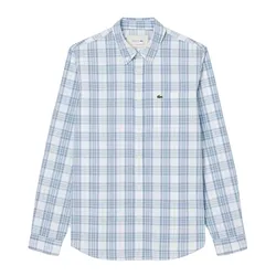 Áo Sơ Mi Dài Tay Nam Lacoste Men's Slim Fit Stretch Plaid Shirt CH3745 CGI Màu Trắng - Xanh Size 40