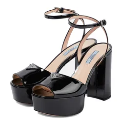 Dép Cao Gót Nữ Prada Patent Leather Platform Sandals Màu Đen Size 37