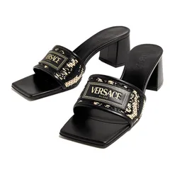 Dép Cao Gót Nữ Versace Theia Barocca Raffia Mules 1016940-1A12026-6X60V Màu Đen Vàng Size 36