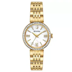 Đồng Hồ Nữ Bulova 98X122 Quartz White Dial Swarovski Gold Case & Stainless Steel For Lady Màu Vàng