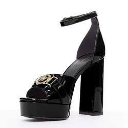 Giày Cao Gót Nữ Versace Tribute Noir Verni Or Medusa Open Toe Platform Sandal Màu Đen Size 36.5