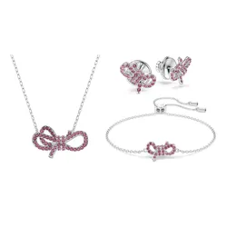 Set Dây chuyền + Vòng Đeo Tay + Khuyên Tai Nữ Swarovski Lifelong Bow Stud Earrings Pink Rhodium Plated Màu Bạc Hồng