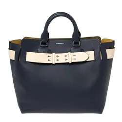 Túi Tote Nữ Burberry Blue/Beige Grained Leather Medium Belted Màu Xanh Navy