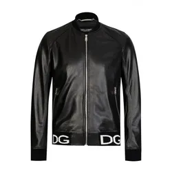 Áo Khoác Nam Dolce & Gabbana D&G Hem Logo Leather Bomber Jacket Black Màu Đen Size 46