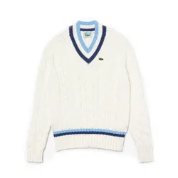 Áo Len Lacoste V-neck Striped Finishes Cable Knit Sweater AH1350.UDF Màu Xanh Trắng Size 1