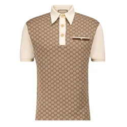 Áo Polo Nam Gucci GG Silk And Cotton Jacquard Shirt Màu Be Nâu Size XS