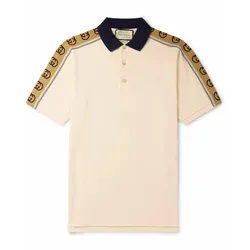 Áo Polo Nam Gucci Logo-Jacquard Webbing-Trimmed Stretch-Cotton Piqué Polo Shirt Màu Be Size S (Form To)