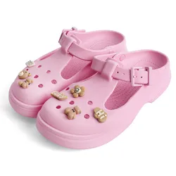 Dép Nữ Crocs Sandal Women Classic Mary Jane Clog Charm Sweet Chocolate Bear Pink Tweed Màu Hồng