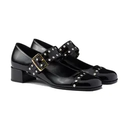 Giày Cao Gót Nữ Prada Mary Jane Block Heel Pumps In Black Màu Đen Size 37