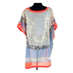 Khăn Choàng Nữ Hermès Printed Kaftan Swim Cover Màu Xanh Cam