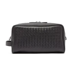 Túi Cầm Tay Nam Bottega Veneta Black Leather Intrecciato Wash Bag Màu Đen