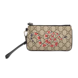 Túi Cầm Tay Unisex Gucci Beige GG Supreme Canvas Snake Print Wristlet Pouch Màu Be Đen