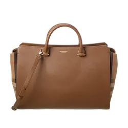 Túi Xách Tay Nữ Burberry Banwell Medium Leather & Check Canvas Satchel Màu Nâu