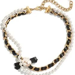 Vòng Cổ Nữ Chanel Double Pearl Camellia Necklace Female Metal Collocation Leather Personality Elegant Fair Maiden Màu Đen