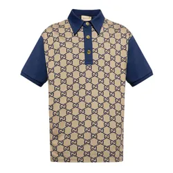 Áo Polo Nam Gucci Maxi GG Silk Cotton 'Beige Blue' Monogram 682015 XJD1F 2480 Màu Xanh Phối Be Size XS