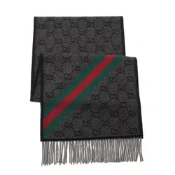 Khăn Quàng Cổ Gucci Logo GG Web Wool Scarf 570603 3G200 1466 Màu Xám Đen