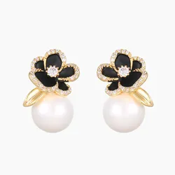 Khuyên Tai Nữ Jessica Pearl Black Blossom JE55 Màu Đen Vàng