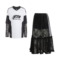 Set Áo Váy Nữ Adidas Originals Long Sleeve Lace Jersey KD2297 KD2289 Màu Trắng - Đen Size XS (Form Âu)