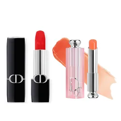 Set Son Dior Rouge Dior Couture Velvet Finish 888 Strong Red Đỏ Cam + Addict Lip Glow Balm 004 Coral Cam San Hô