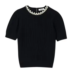 Áo Len Nữ Sandro Madie Pearl-embellished Wool Short-sleeved In Black SFPPU02147 217332 Màu Đen Size 0