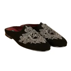 Giày Sục Nam Dolce & Gabbana D&G Crown Embroidered Club A80125 AK1761 Màu Đen Size 5