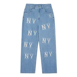 Quần Jean Nữ MLB Women's Wide Leg Basic Jeans With Embroidery Logo 3FDPB0241GP001 50BLL Màu Xanh Blue Size S